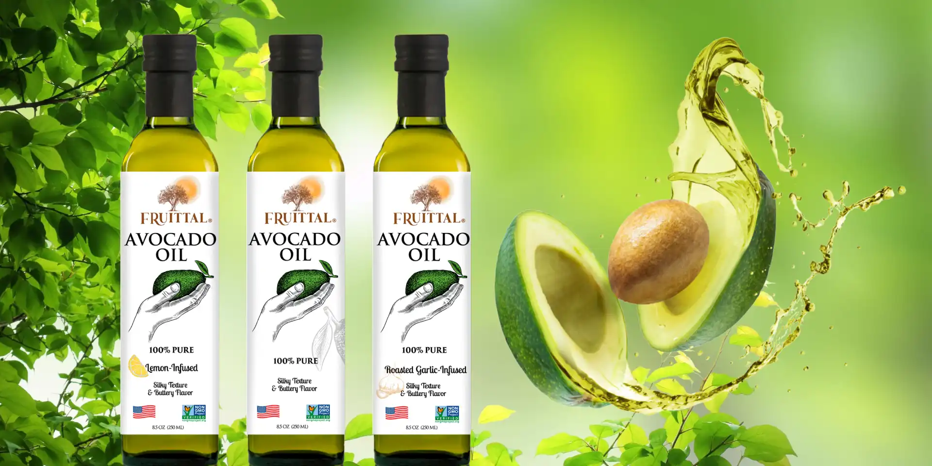 Fruittal® Pure Avocado Oil bottles with fresh avocado and Made in USA flag